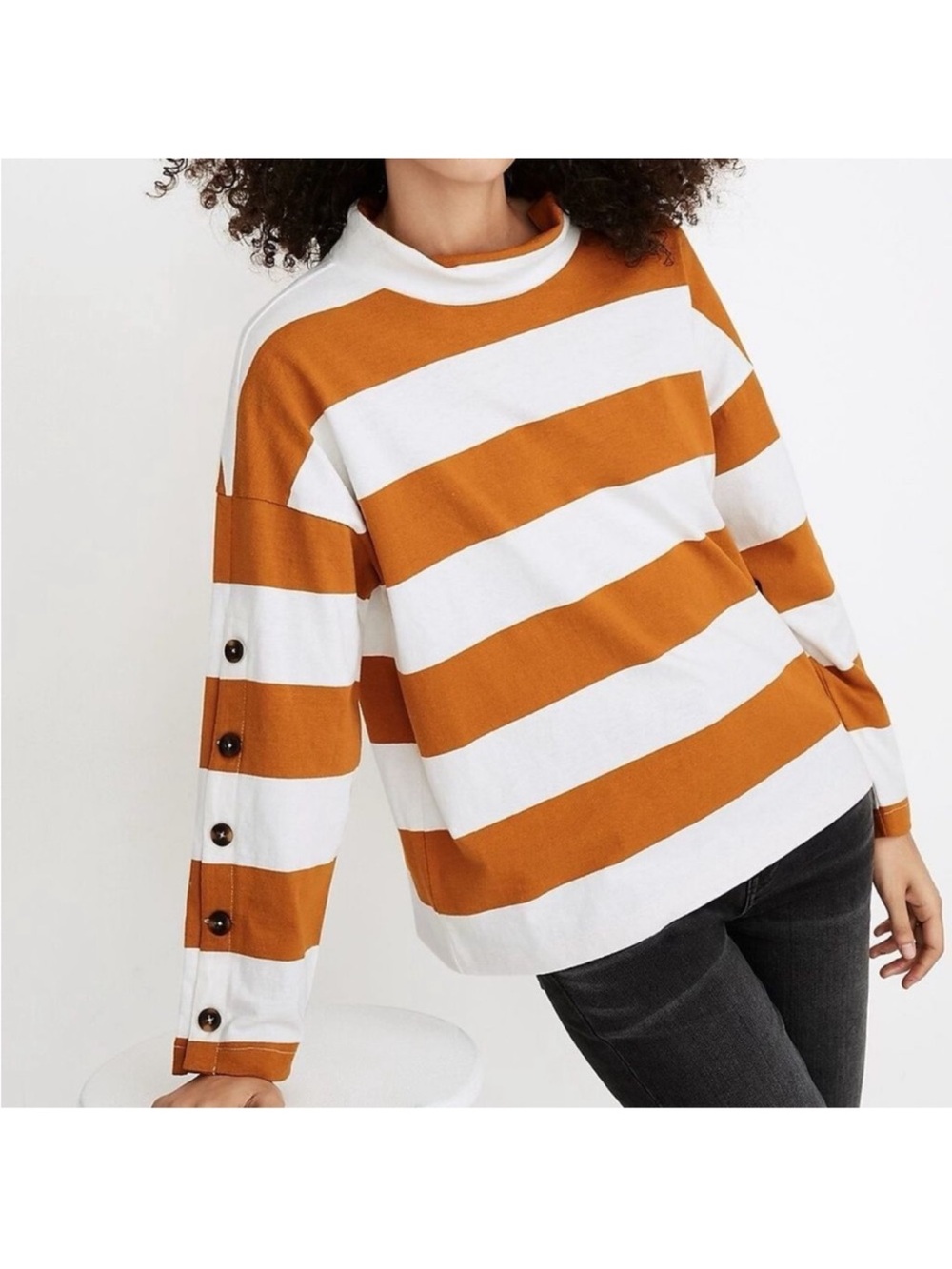 Madewell Wide-Stripe Mock Neck Sweater in White and Rust